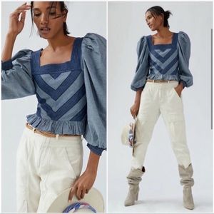 Nwot ANTHROPOLOGIE LOVE THE LABEL | Puff Sleeve Ruffle Hem Denim Blouse | XL